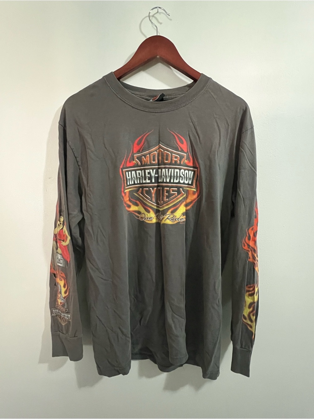Trashed Vtg Harley Davidson Pin Up Girl Flame Sleeve Shirt Rocky’s Canada